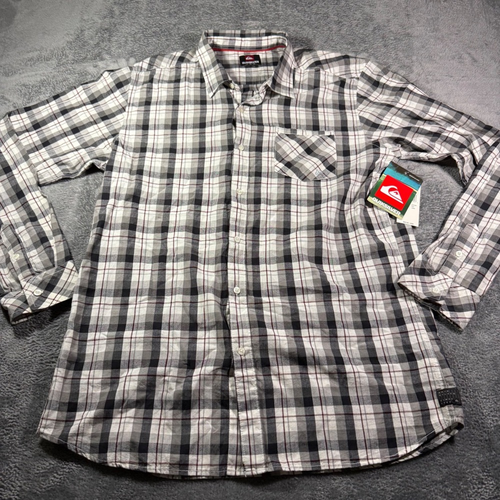 Quiksilver Mens XL Plaid Long Sleeve Button Down Shirt Grey Black White Cotton
